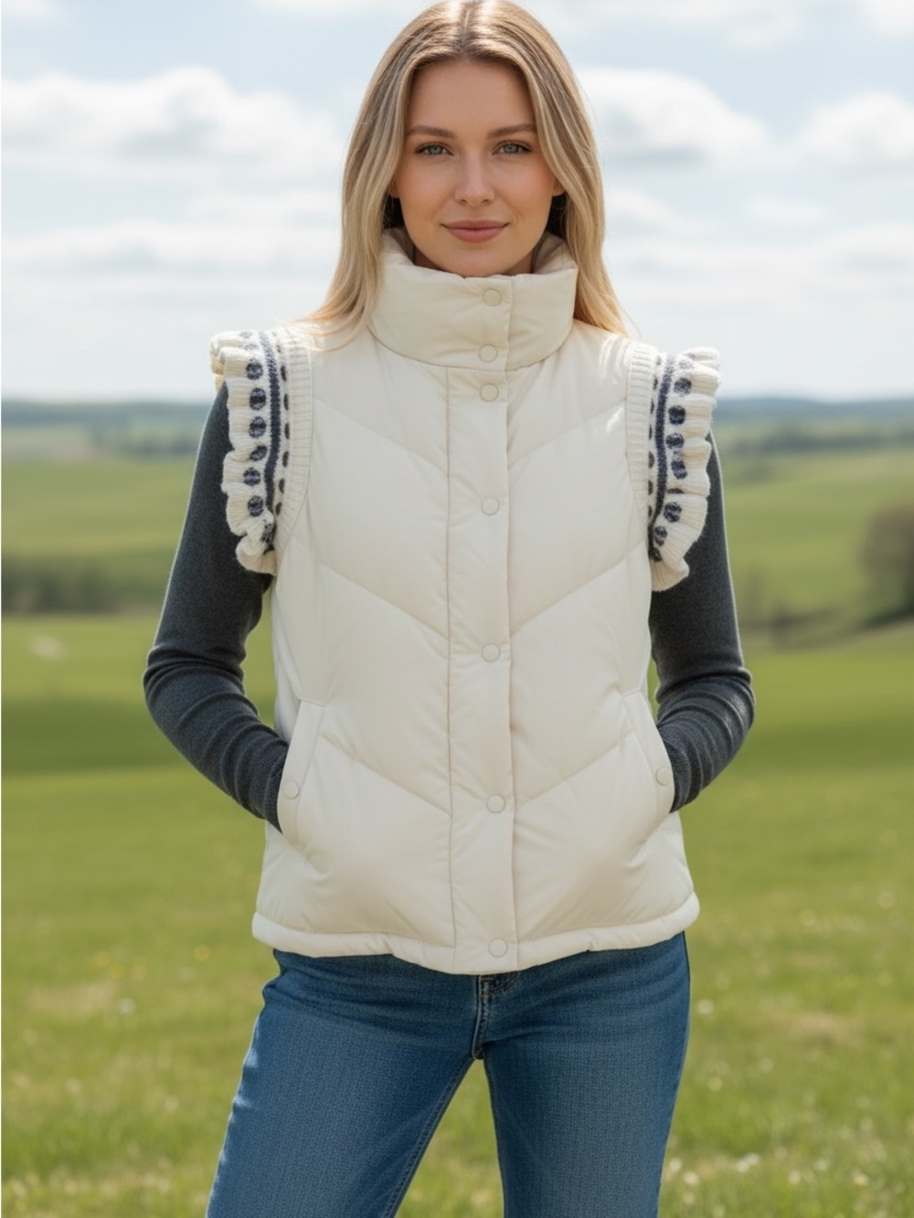 Heyson Women's Cream Quilted Puffer Vest with Ruffle Knit Shoulder Detail